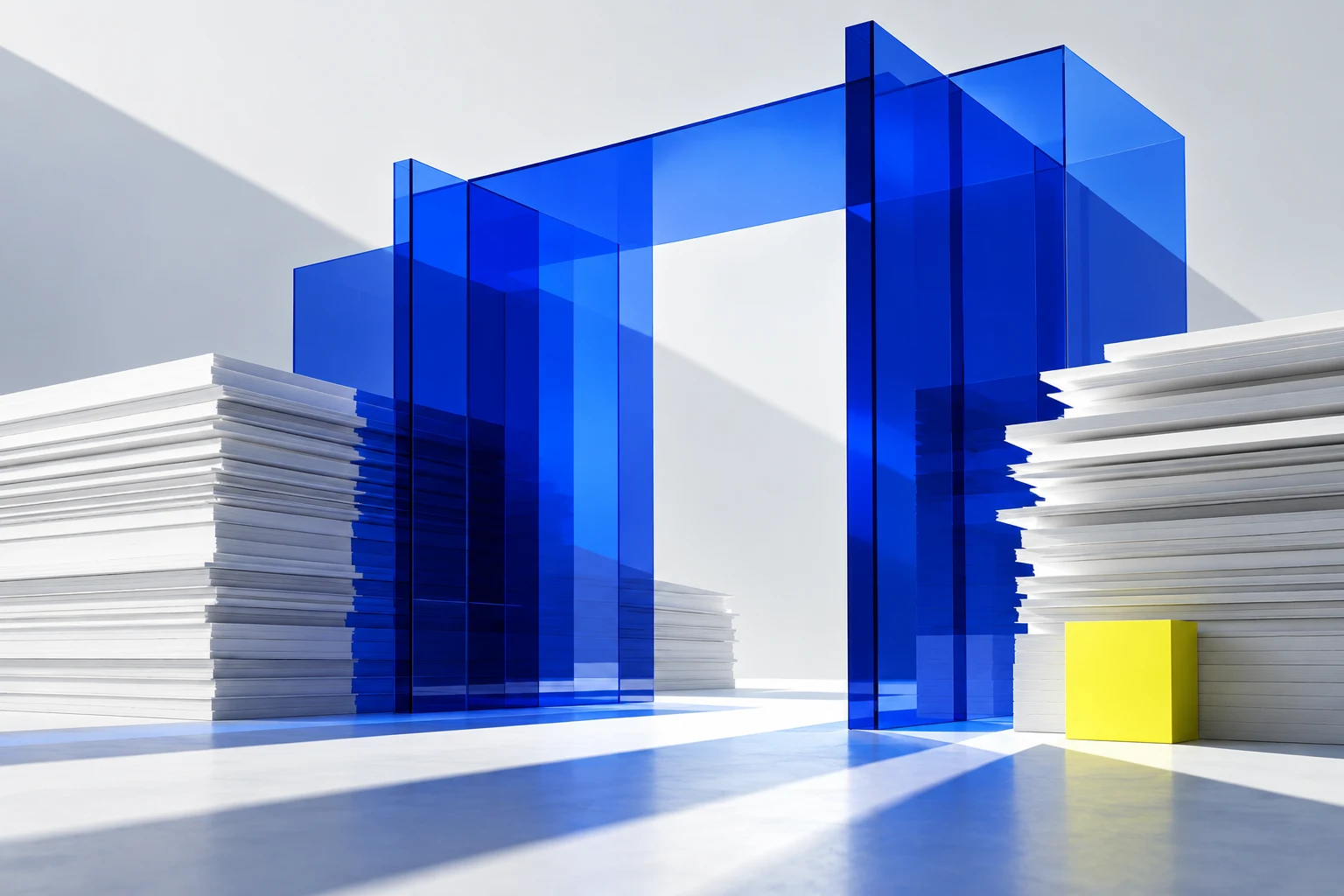 An abstract illustration of tall blue glass panels standing between stacks of white paper, with a small yellow cube in one corner.